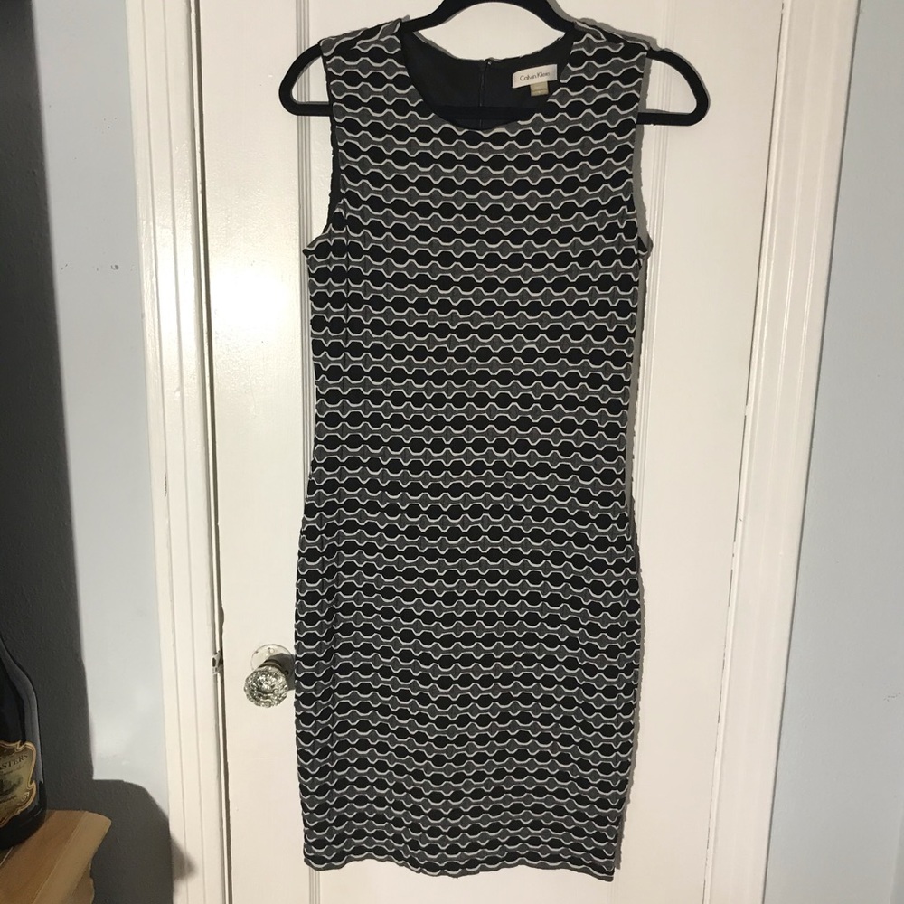 Black, gray and white Calvin Klein dress.